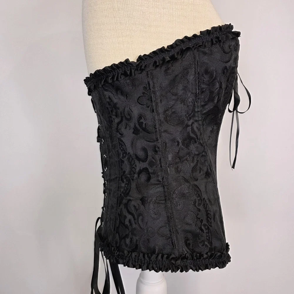 Black Lace-Up Corset Bustier Boned Gothic Steampunk Ruffle Trim Size M Victorian